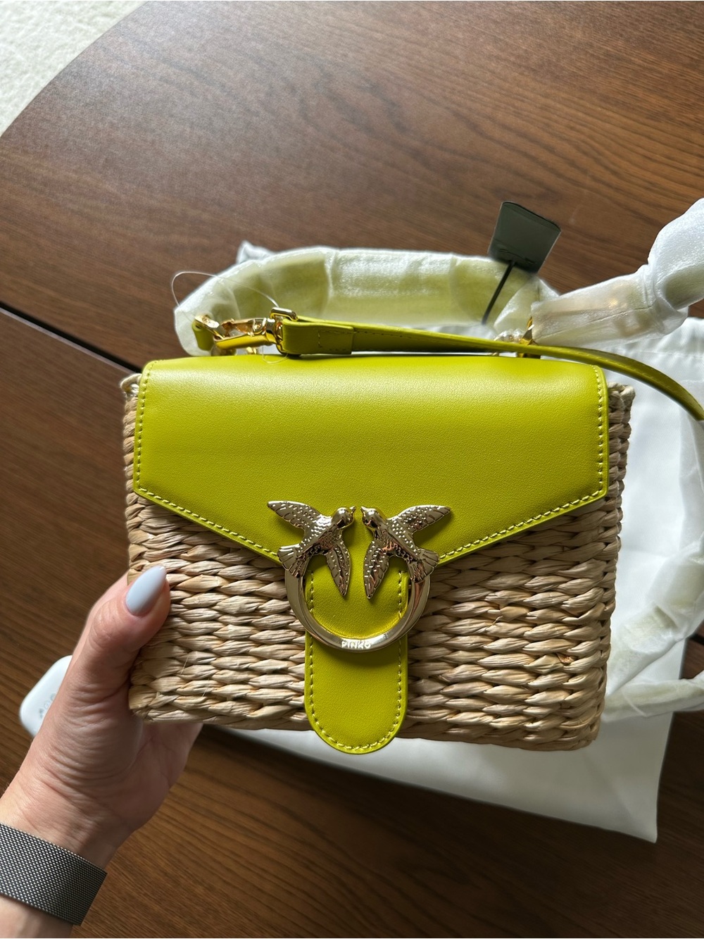 Pinko Lime Green Leather & Woven Shoulder Bag - Picture 7 of 8